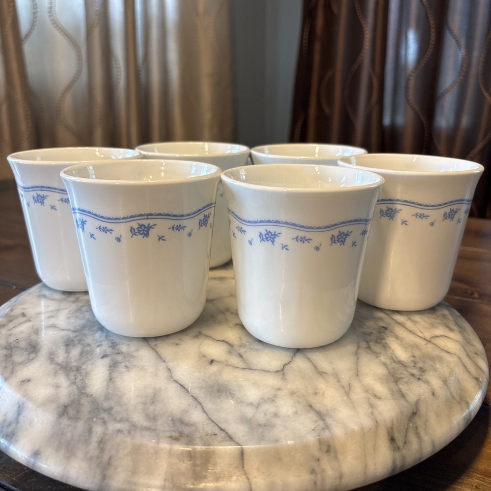 6pc VTG 80s Corning USA Corelle Morning Blue Flower Coffee Tea Cups Mugs